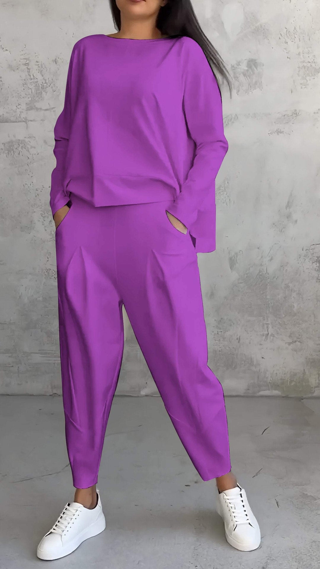 Women's relaxed fit loungewear, a long-sleeve top & pants set for effortless style & comfort.