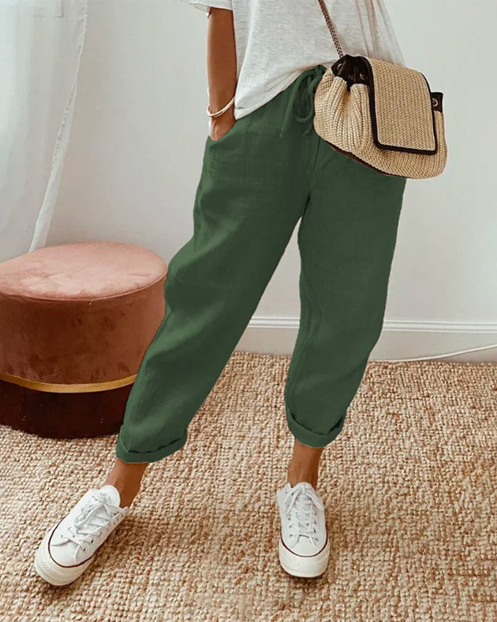 Breathable women's linen jogger pants with drawstring & relaxed fit, a must-have for comfortable summer fashion.