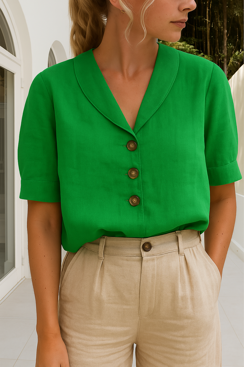 Soft linen women's short sleeve t-shirt with a relaxed fit, ideal for breathable summer and spring fashion.