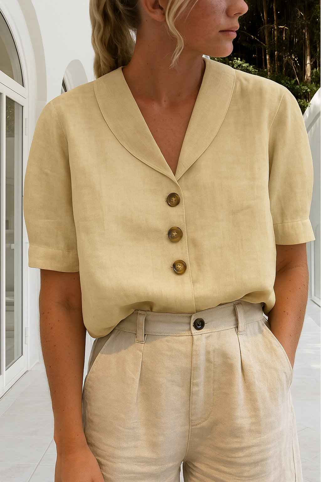 Back view of a women's relaxed fit linen short sleeve t-shirt, showing comfortable, loose drape for summer apparel.