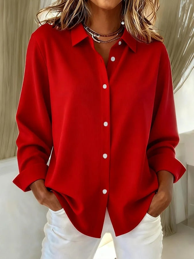 Comfortable women's relaxed fit long sleeve blouse. Ideal button down top for plus size & office.