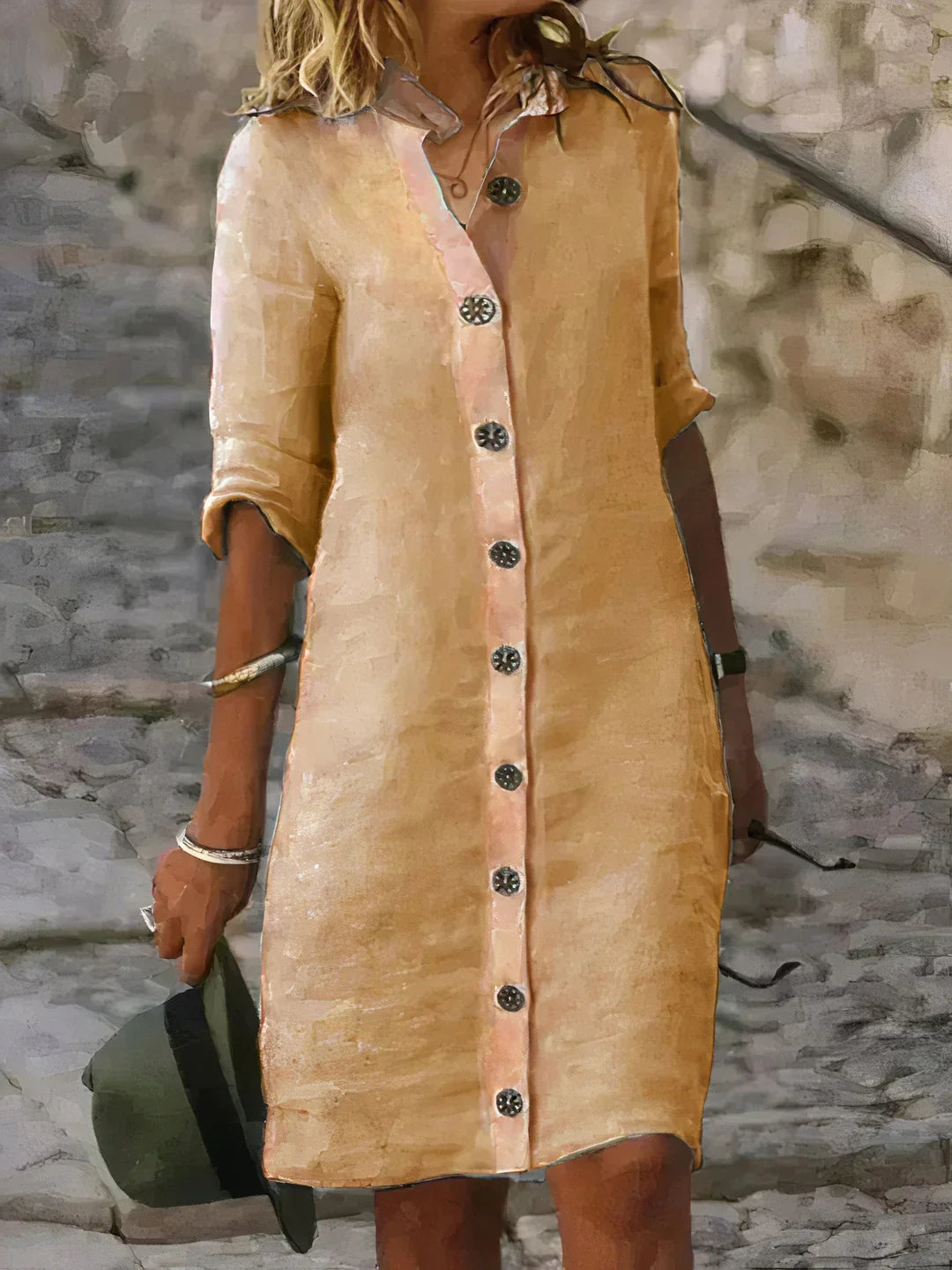 Elegant women's button-up midi dress. Flowy three-quarter sleeve design, ideal for day or vacation.