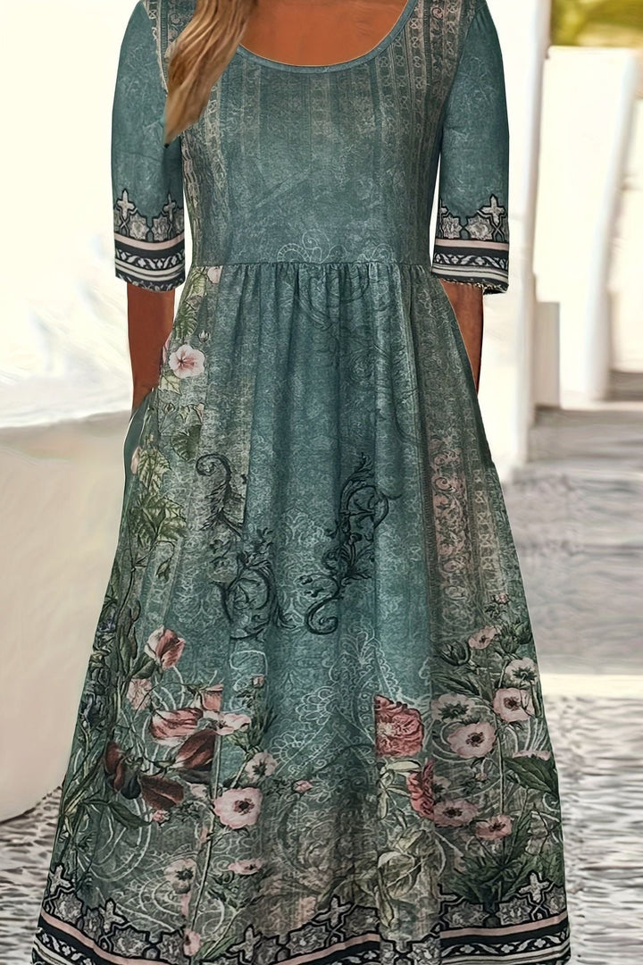 Elegant women's patterned midi dress featuring a cheerful daisy print and a relaxed, comfortable fit for summer.