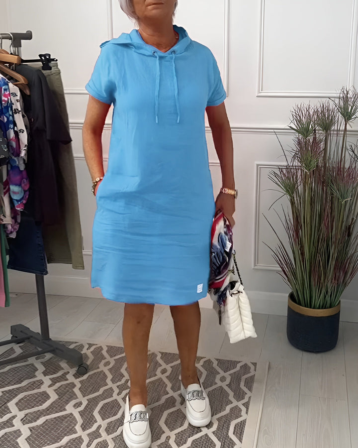 Adjustable hood women's hoodie midi dress, a relaxed fit and comfortable choice for daily wear.