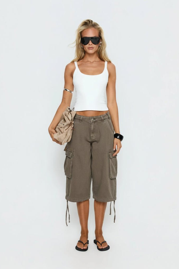 Women's relaxed fit mocha cargo capris, perfect for comfortable casual wear and everyday style.