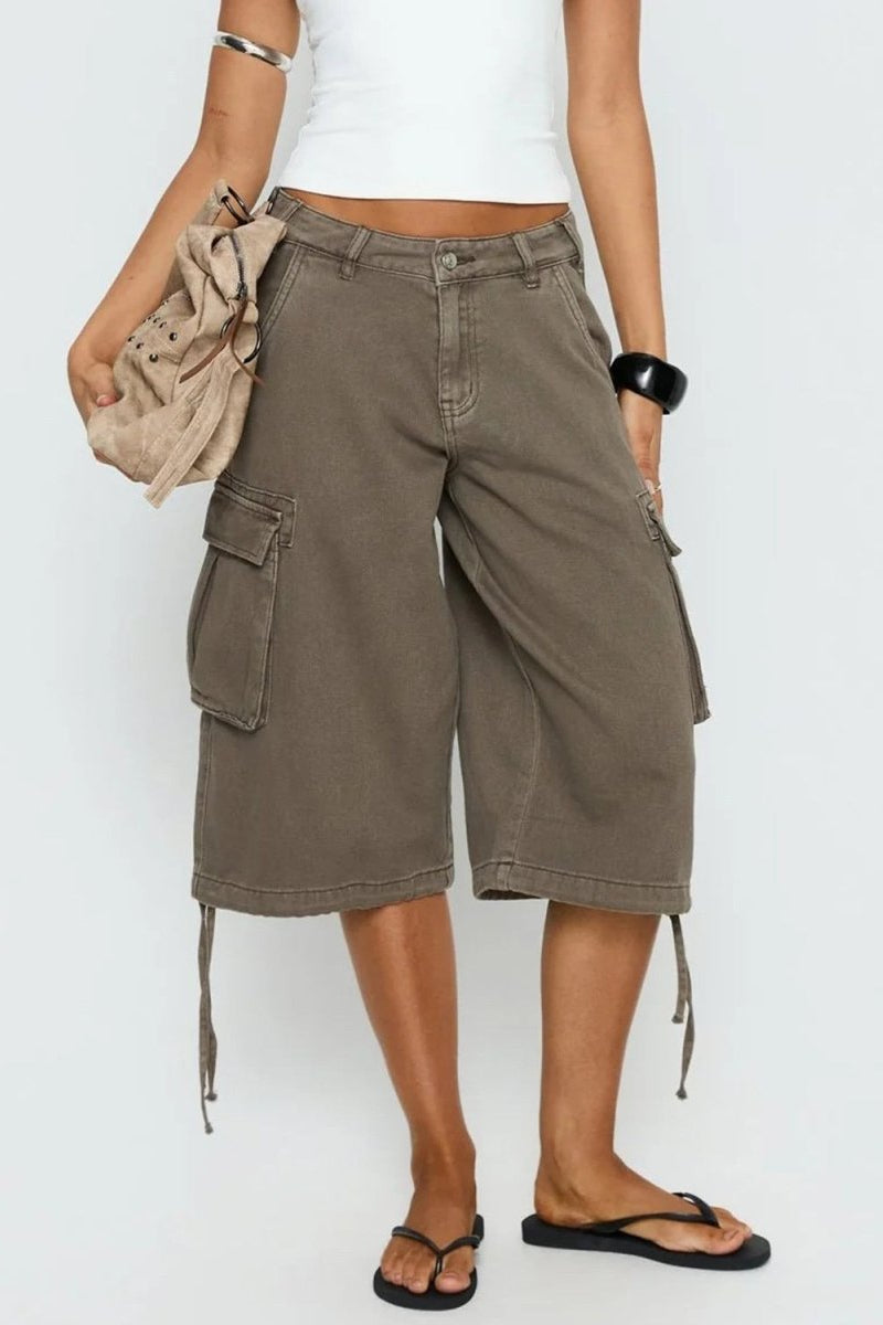 Full shot of women wearing relaxed fit mocha cargo capris, great for summer fashion and versatile bottoms.