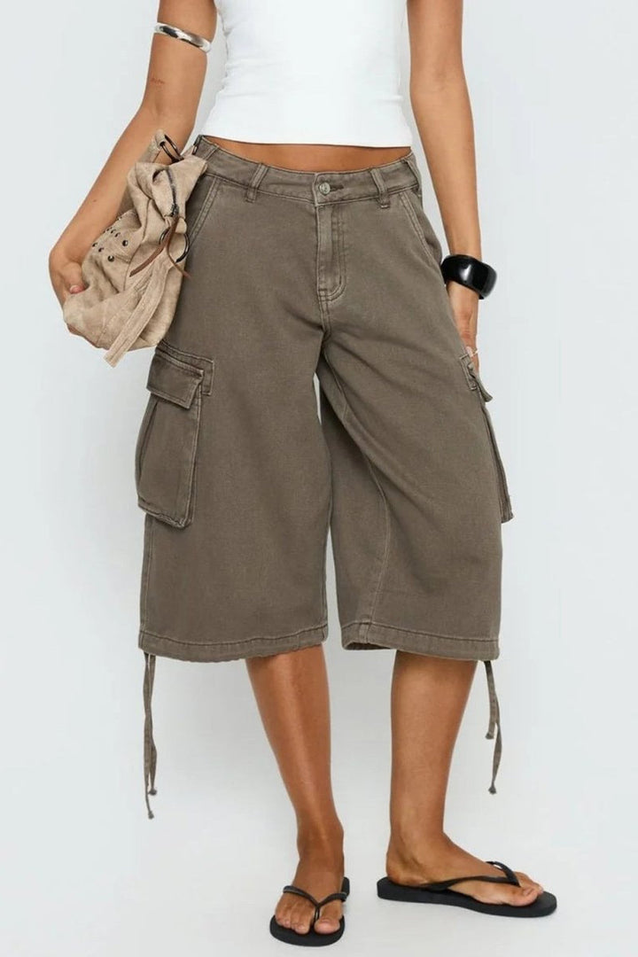 Full shot of women wearing relaxed fit mocha cargo capris, great for summer fashion and versatile bottoms.