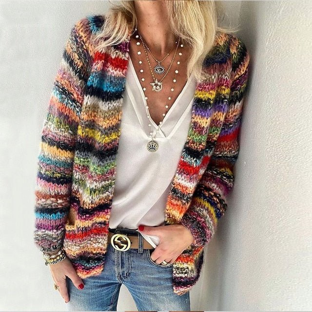 Women's relaxed fit open front cardigan in a cozy knit, perfect for casual layering & everyday fall/winter style.