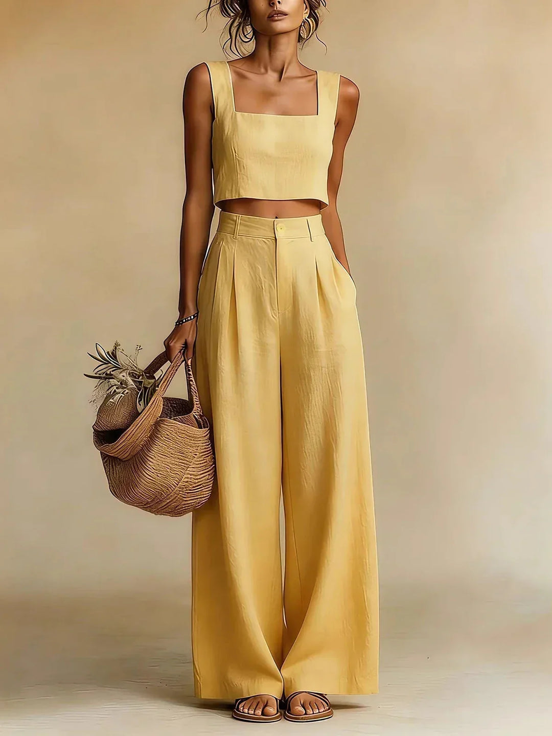 Women's relaxed fit palazzo co-ord set with wide-leg pants & matching top. Effortless, comfortable, casual chic.