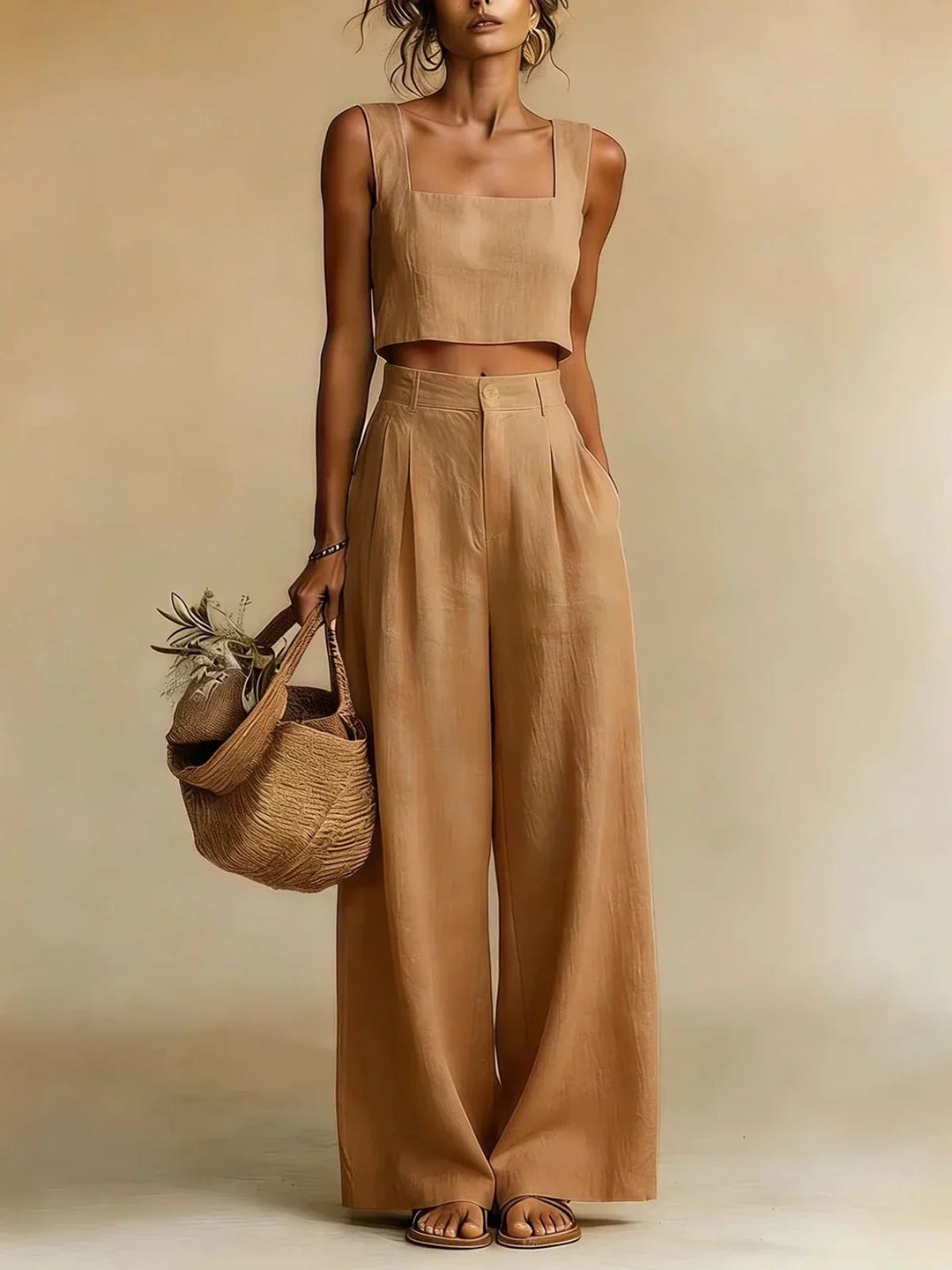 Comfortable women's palazzo set. Relaxed top & wide-leg pants, ideal for casual chic or elegant spring/summer wear.