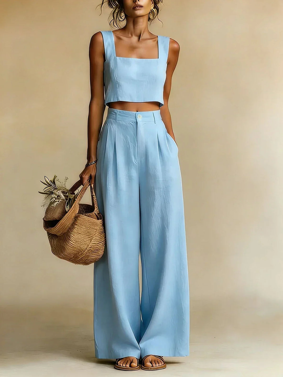Women's two-piece palazzo co-ord set. Relaxed fit top & wide-leg pants, ideal for comfortable, elegant spring & summer fashion.