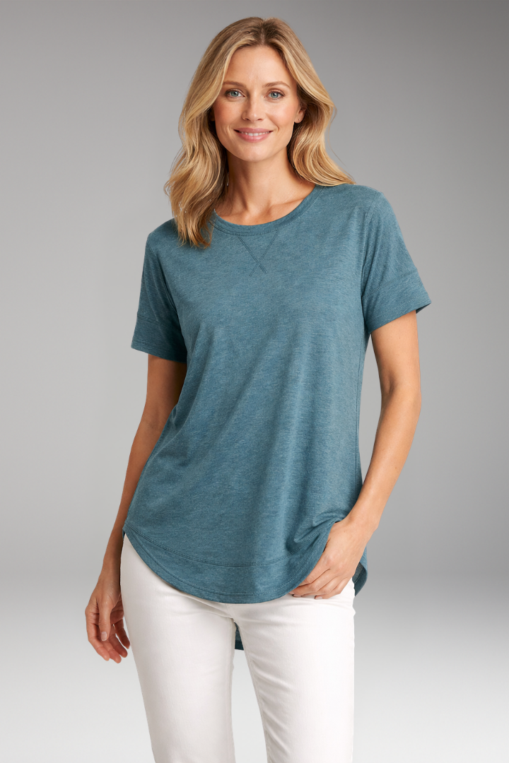 Women's relaxed fit round neck t-shirt with a stylish curved hem. Perfect for casual everyday wear or summer.