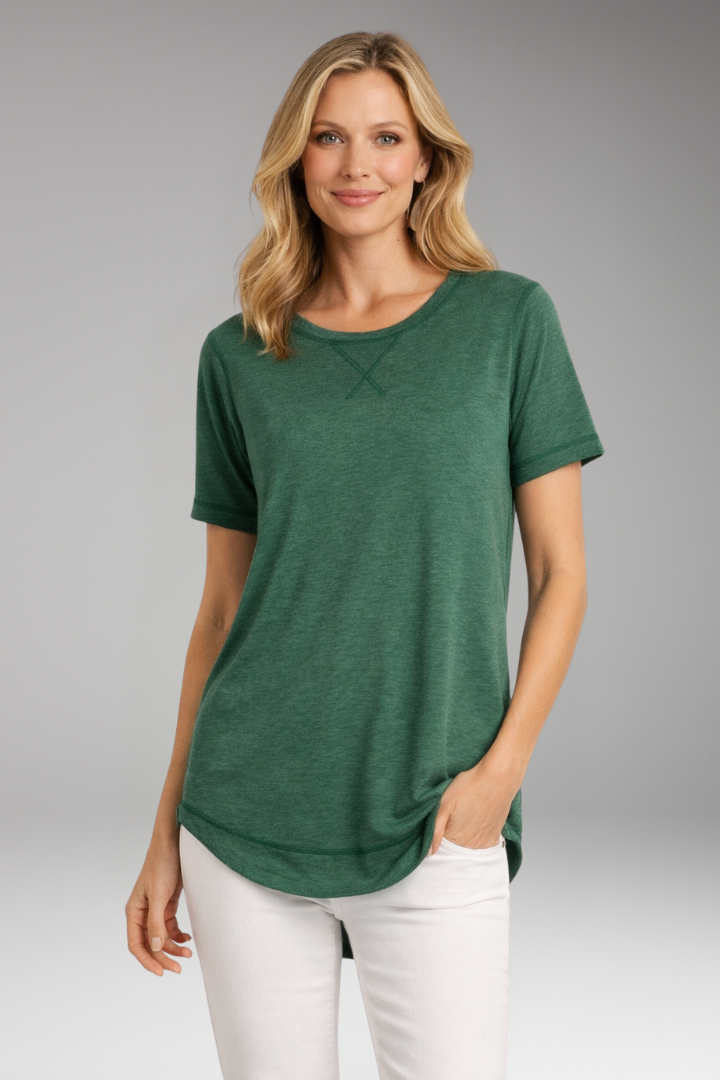 Folded women's everyday t-shirt, relaxed fit, round neck, short sleeve, ready for smart casual outfits.