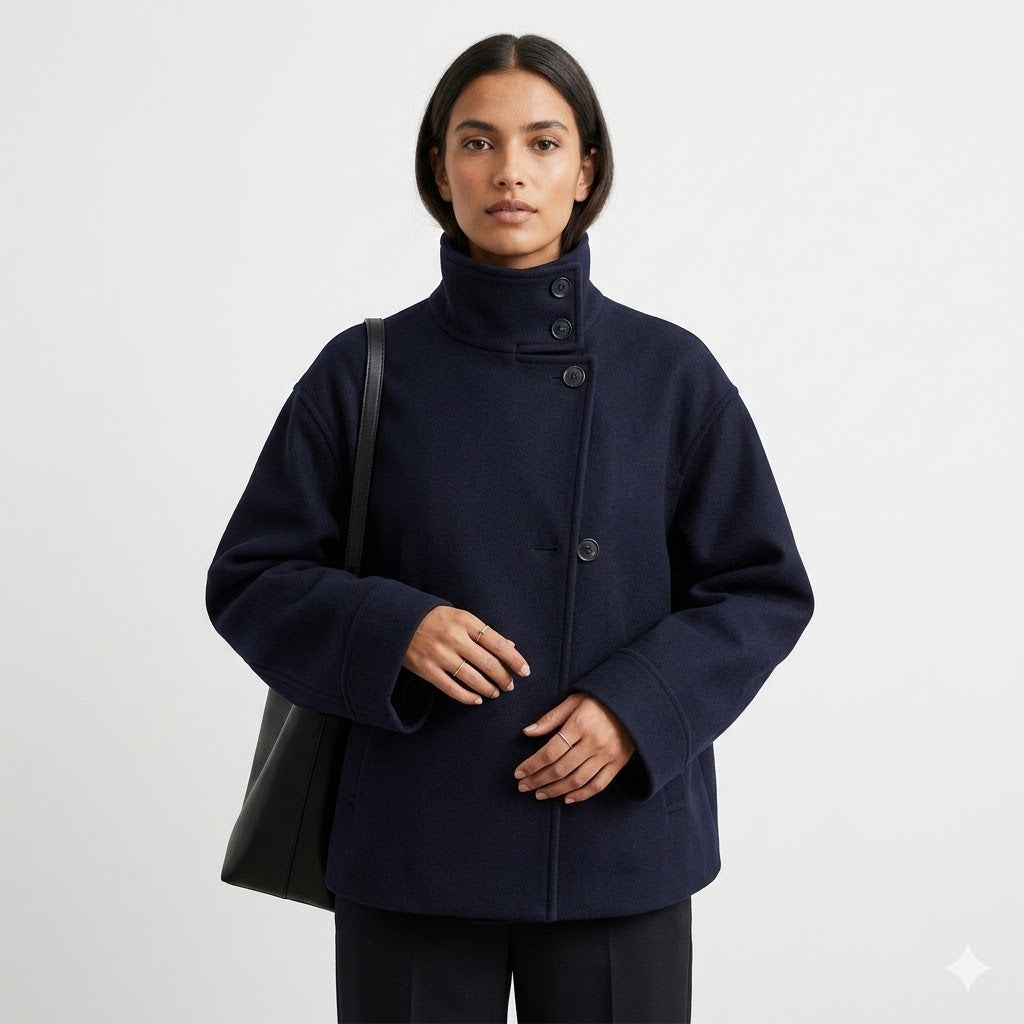 Fashionable women's short coat, relaxed silhouette, button details & high neck. Great for winter style.
