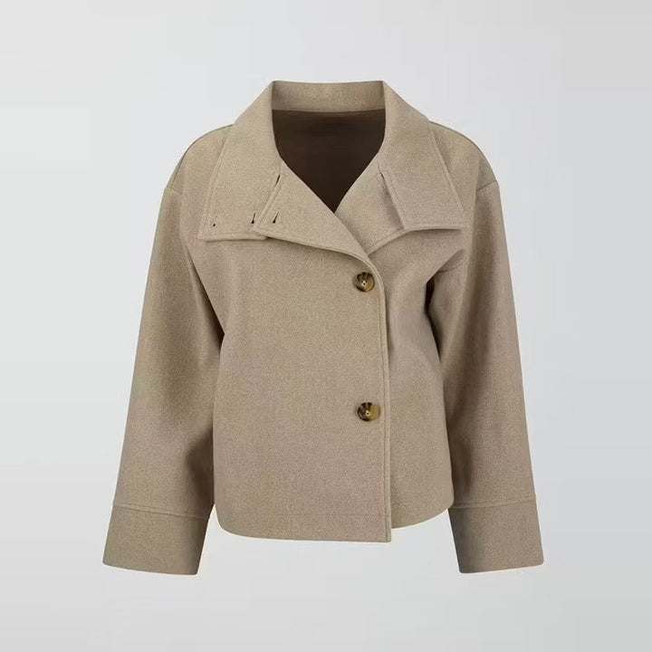 Elegant women's relaxed fit short coat with chic button closure & high neck. Versatile fall/winter outerwear.