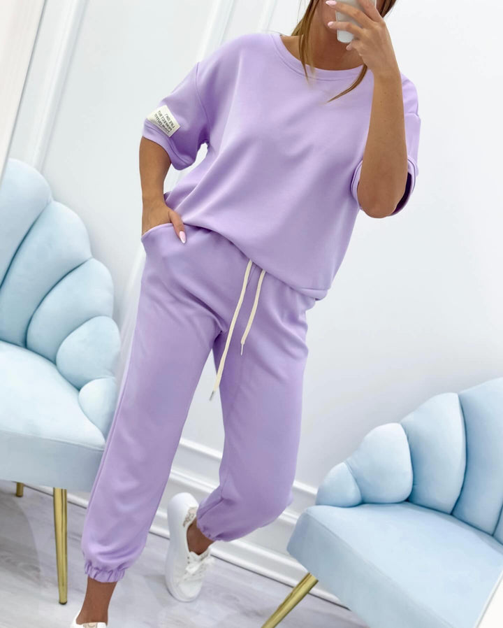 Versatile women's relaxed fit short sleeve set. Great for casual outfits, summer, or everyday wear.