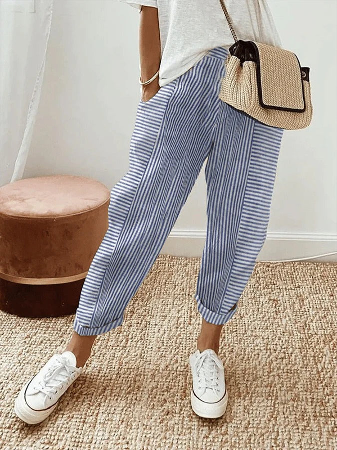 Women's relaxed fit striped drawstring trousers for ultimate comfort & casual style. Versatile everyday pants.