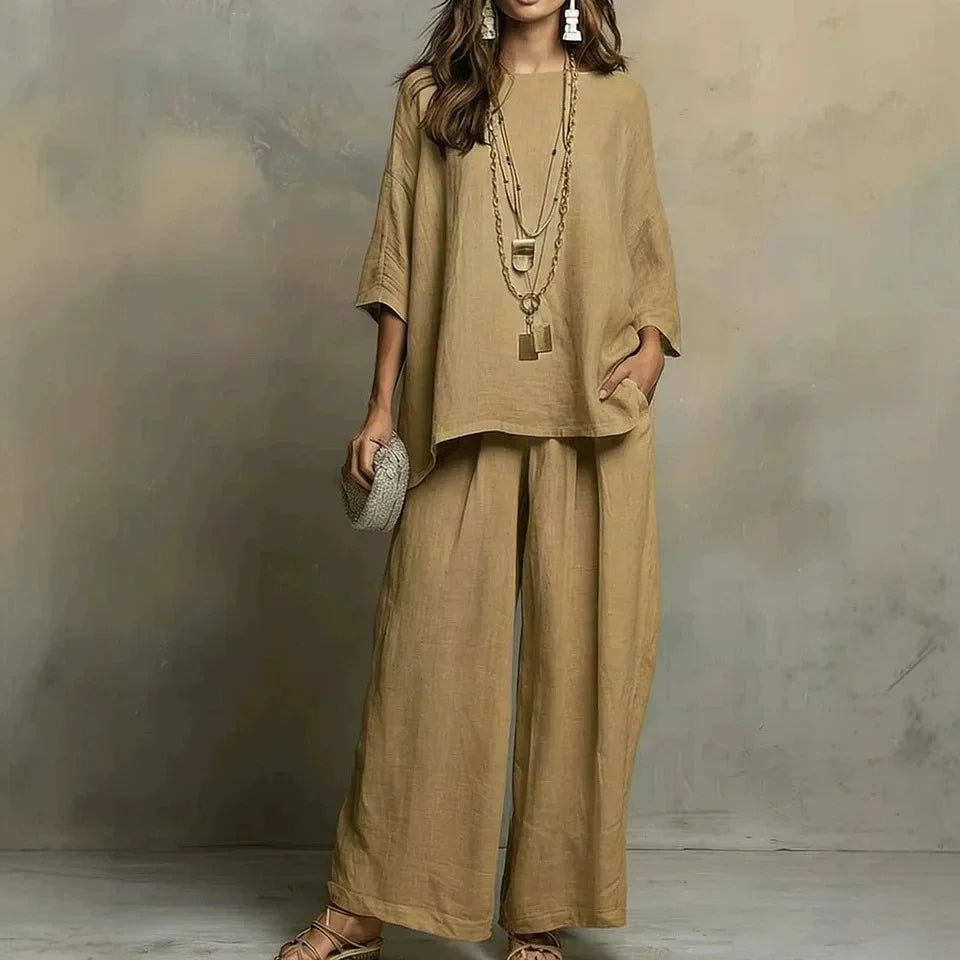Women's relaxed fit summer pant set. Breathable two-piece outfit with wide-leg pants, perfect for casual wear & travel.
