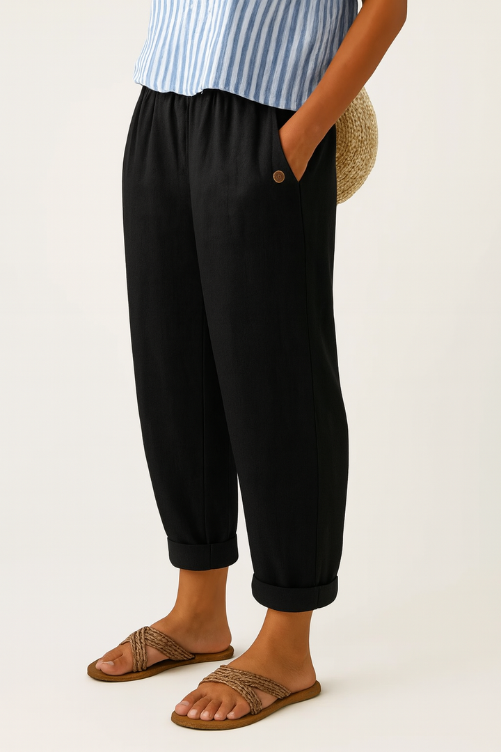 Stylish women's relaxed fit straight leg pants, featuring a comfortable elastic waist, suitable for many outfits.
