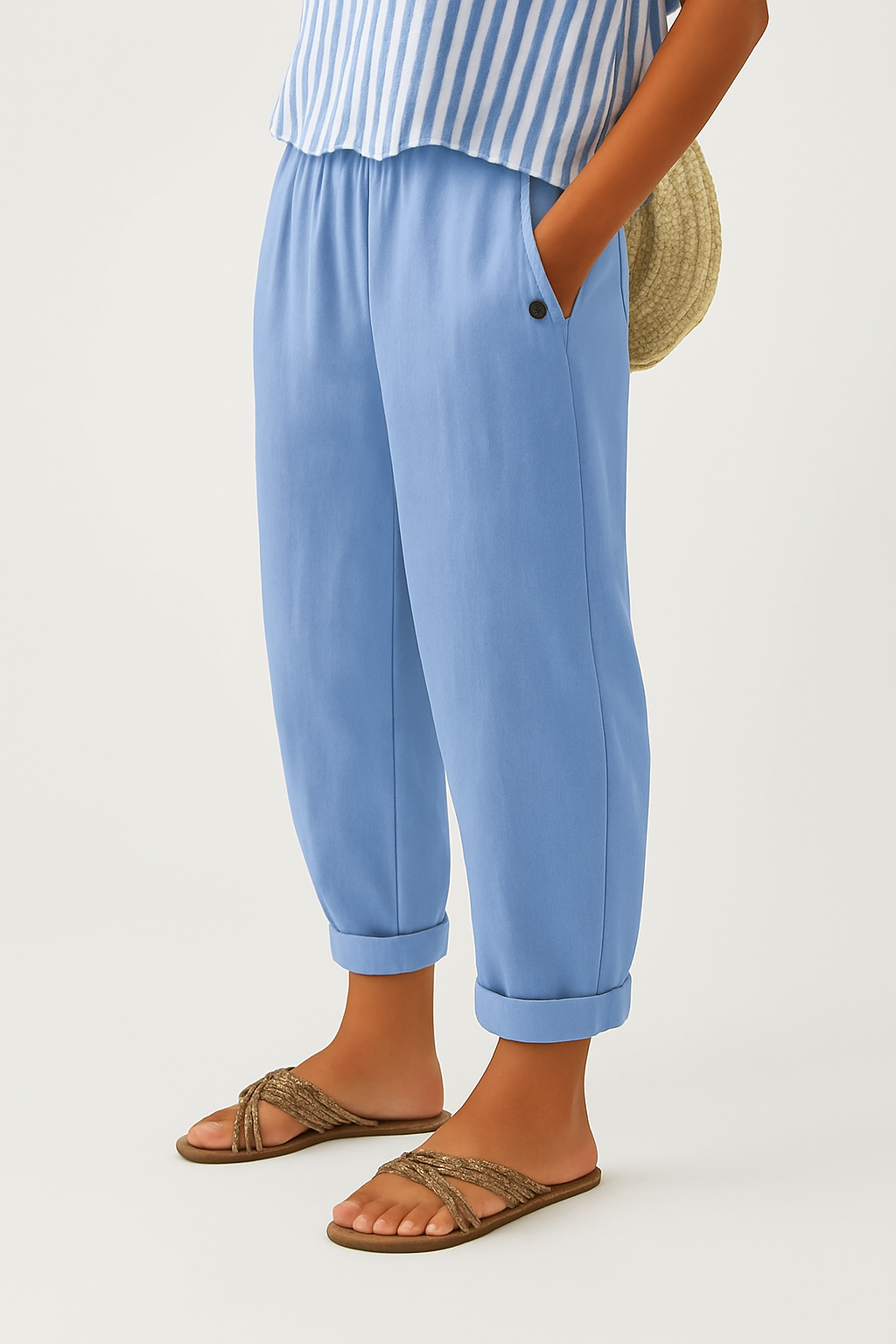 Front view of women's relaxed fit casual trousers with an elastic waistband, offering versatile comfort.