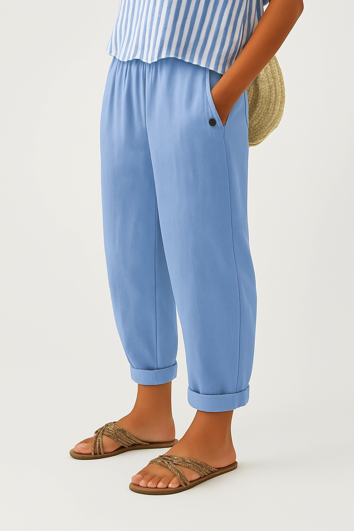 Front view of women's relaxed fit casual trousers with an elastic waistband, offering versatile comfort.