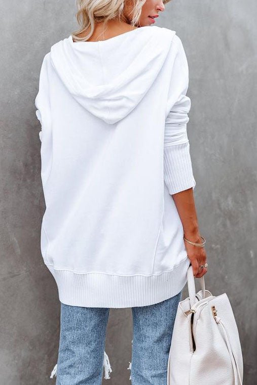 Women's pullover tunic hoodie with drawstring hood & snap buttons, ideal for comfortable loungewear.