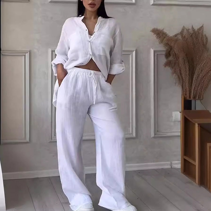 Women's relaxed fit two piece set: button down shirt & wide leg pants. Casual matching summer outfit.