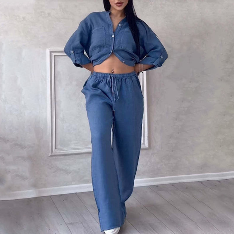 Comfortable women's relaxed fit two piece outfit with drawstring waist wide leg pants & matching casual top.