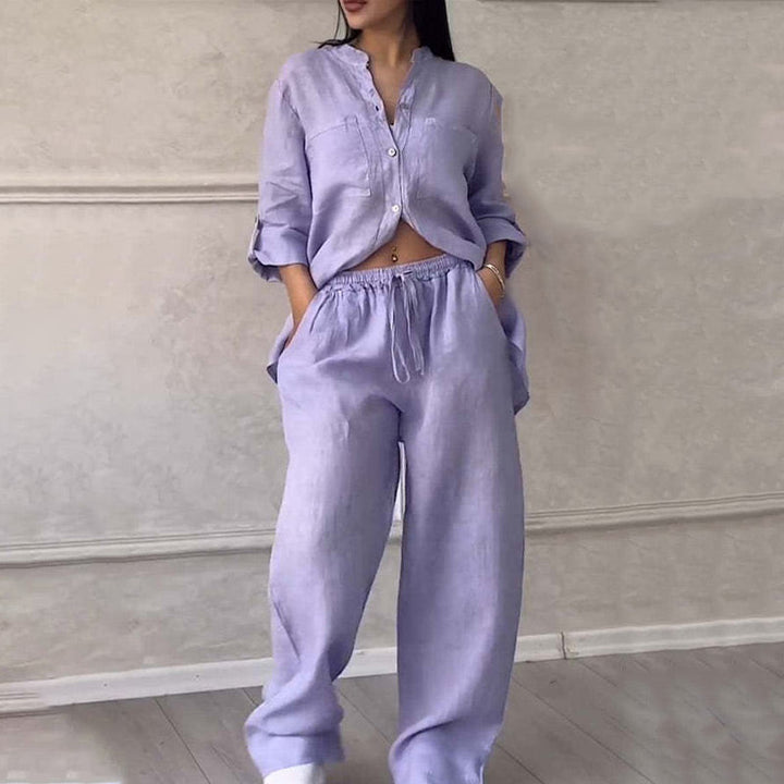 Stylish women's matching two piece set, a relaxed fit button-down shirt and comfortable wide leg pants for women.