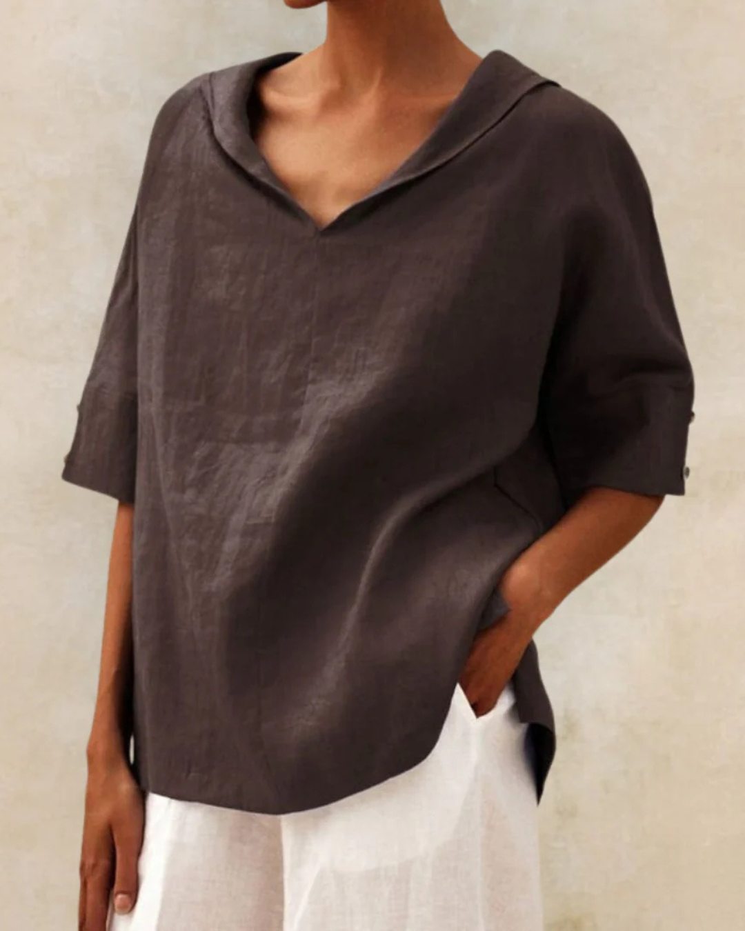 Women's V-neck, short sleeve, relaxed fit blouse. Comfortable & versatile for casual, everyday, summer & office.