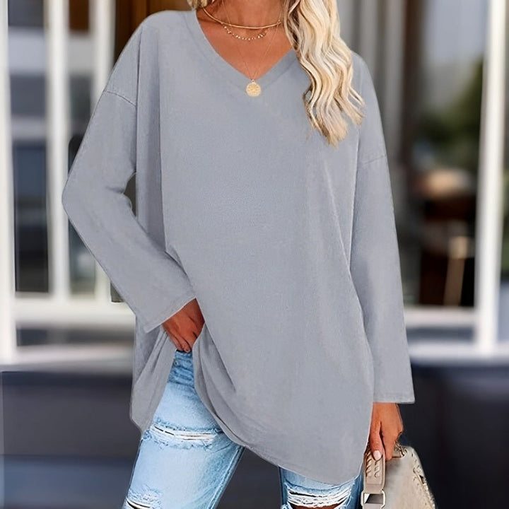 Womens long sleeve V-neck blouse, relaxed fit, chic everyday top for casual comfort.