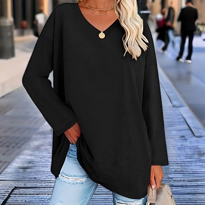 Comfortable women's V-neck shirt, long sleeve, relaxed fit, excellent for casual fashion & everyday wear.