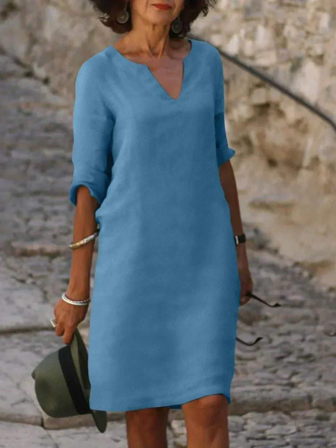 Shop this comfortable women's 3/4 sleeve V-neck midi dress. Perfect for stylish relaxed summer & travel days.