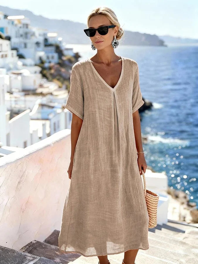 Women's relaxed fit V-neck midi dress with short sleeves, light & breathable for warm weather.