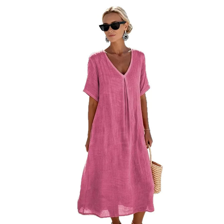 Women's v-neck, short sleeve midi dress; relaxed, comfortable fit for summer & casual occasions.