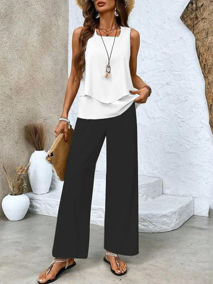 Flowy wide-leg pants & tank top matching set for women. Perfect relaxed resort wear outfit.