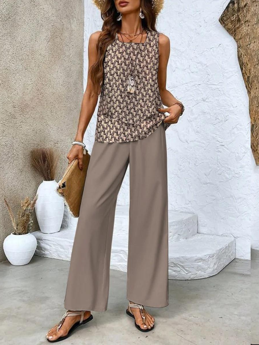 Comfortable women's lounge wear set with flowy pants & a tank top. Relaxed fit two-piece outfit.