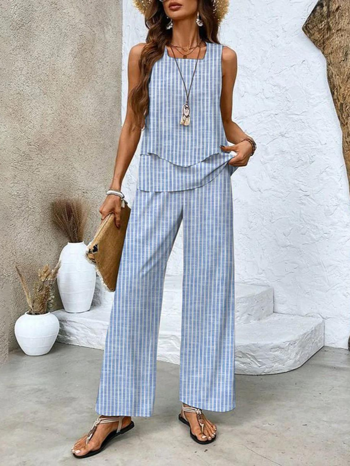 Women's matching tank top & flowy wide-leg pants set. Stylish and comfortable summer outfit.