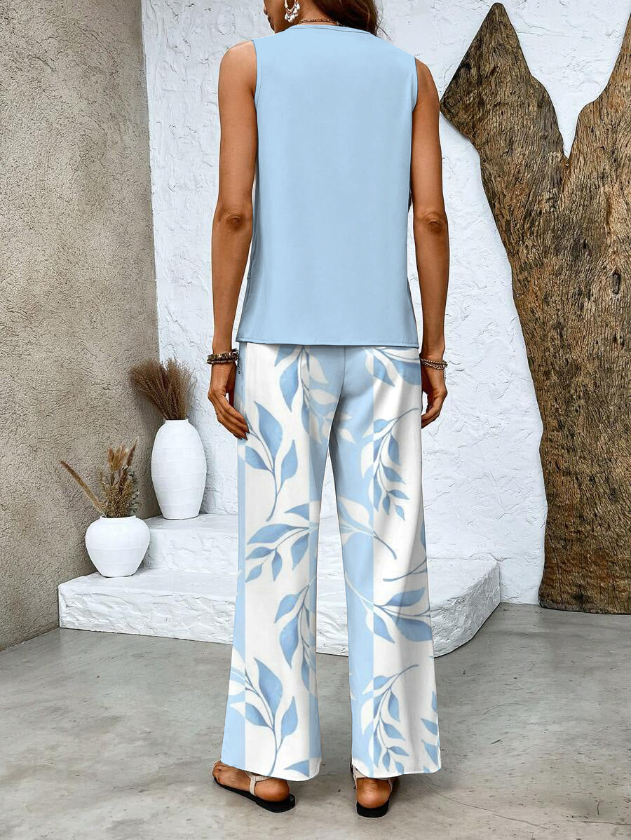 Effortless women's resort wear set: flowy wide-leg pants & matching tank top. Comfortable for vacation.