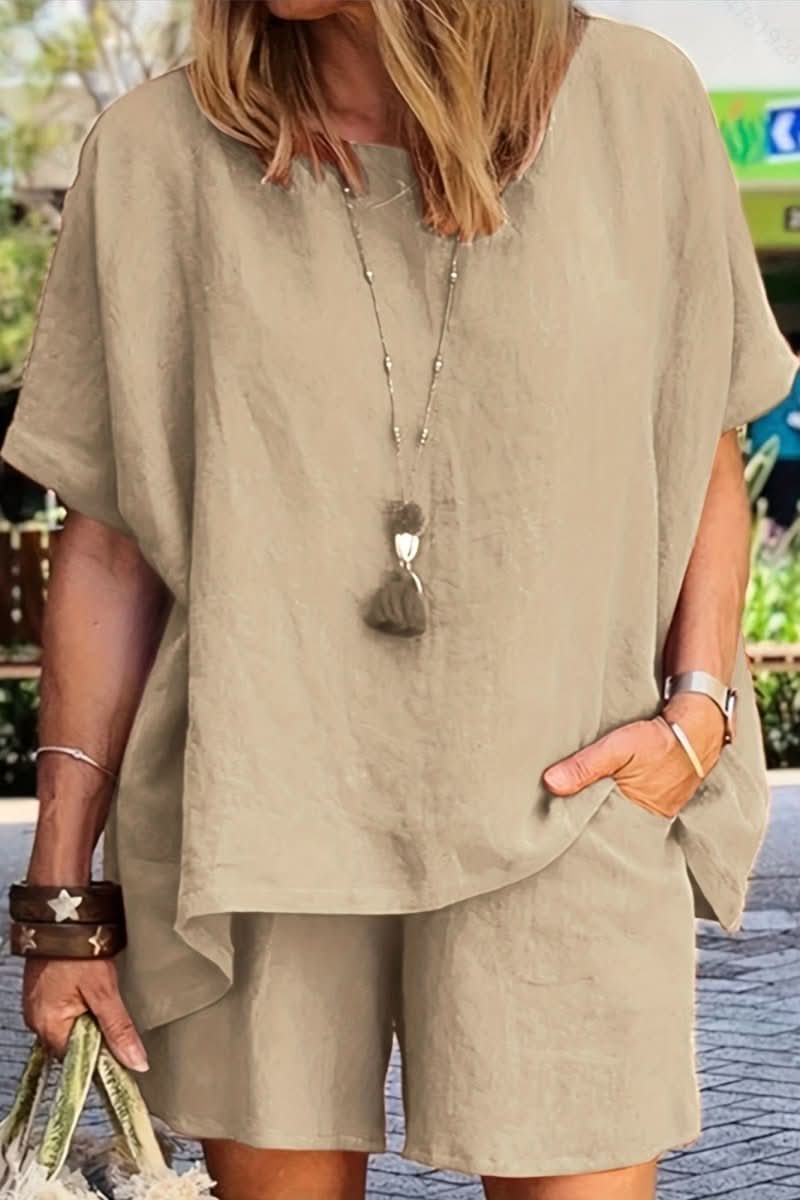 Stylish women's relaxed fit co-ord set for summer, a comfortable leisurewear two-piece casual outfit.