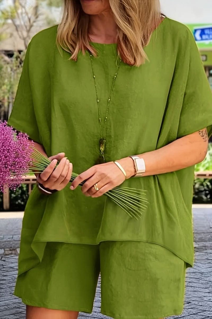 Women's comfortable relaxed summer co-ord set; stylish two-piece shorts outfit for casual & vacation wear.