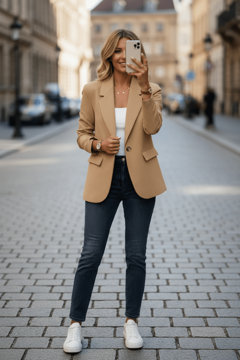 Chic women's tailored blazer for effortless style, suitable for summer and workwear.