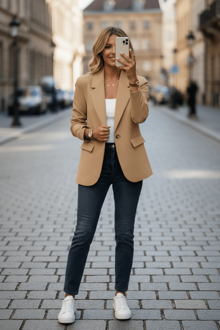 Chic women's tailored blazer for effortless style, suitable for summer and workwear.