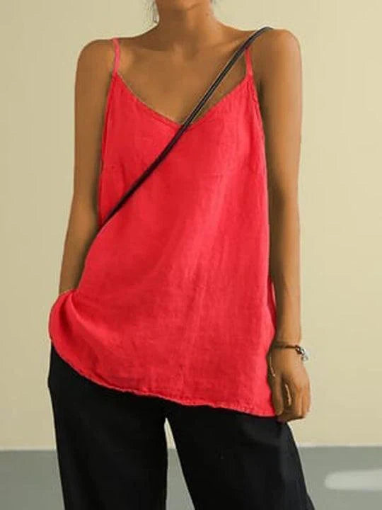 Minimalist women's relaxed fit V-neck cami top. A stylish, flowy sleeveless top for summer fashion.