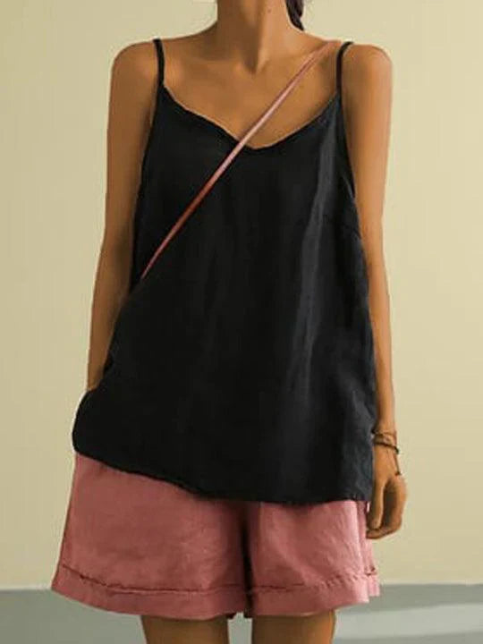 Comfortable women's V-neck cami top with relaxed fit. Ideal sleeveless summer top for casual or vacation.