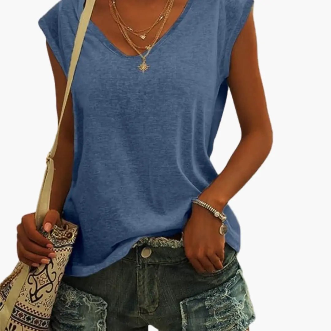 Comfortable women's sleeveless V-neck top with a relaxed fit, perfect for summer.