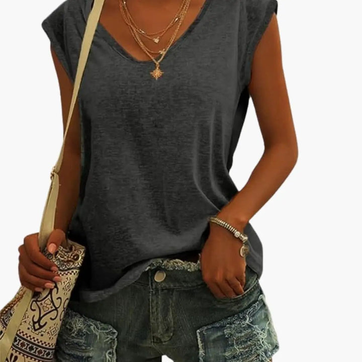 Versatile women's V-neck sleeveless top, great for layering or casual outfits.