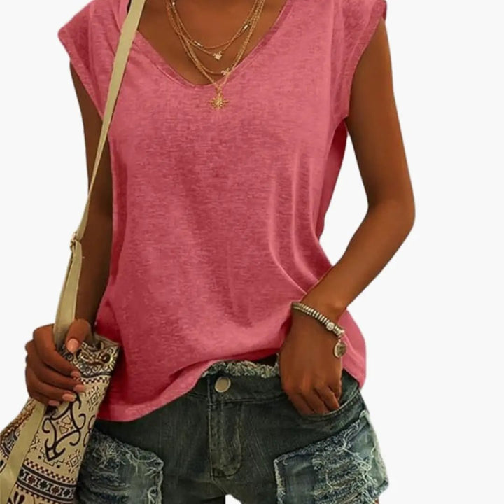Lightweight women's relaxed V-neck sleeveless top, essential for warm weather style.