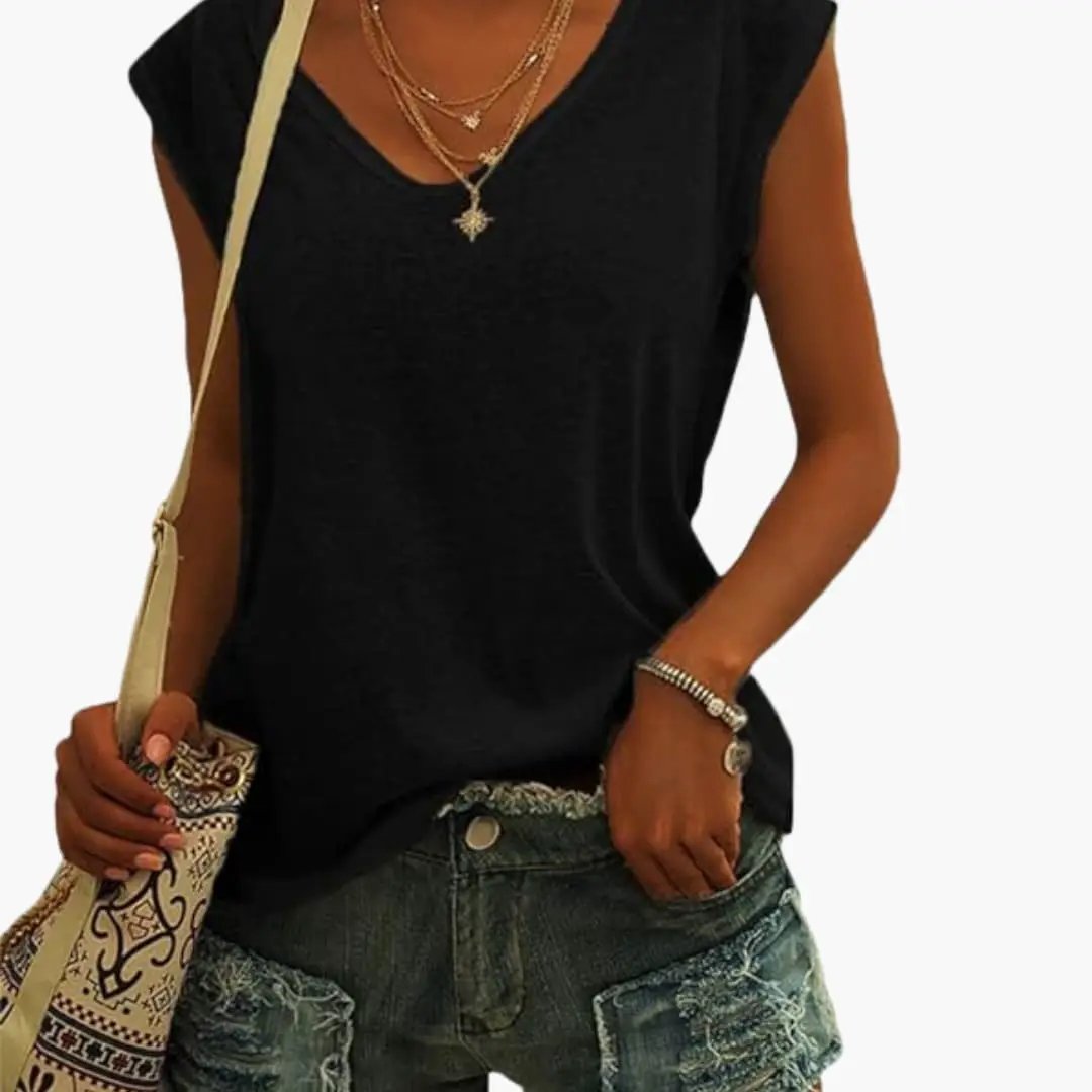 Effortless women's V-neck sleeveless top, relaxed fit for ultimate comfort and versatility.