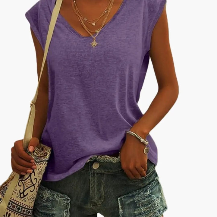Modern women's relaxed fit V-neck sleeveless top, ideal for easy summer layering.